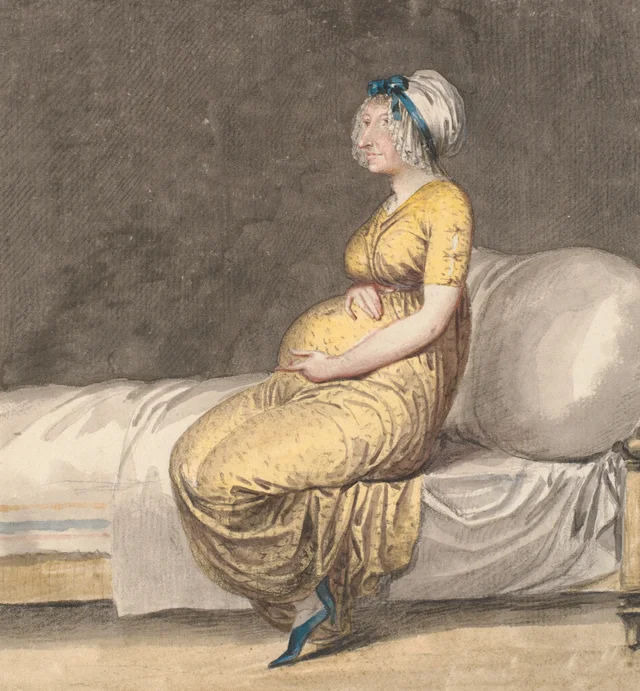 Caricatura de una mujer embarazada sentada en el borde de una cama