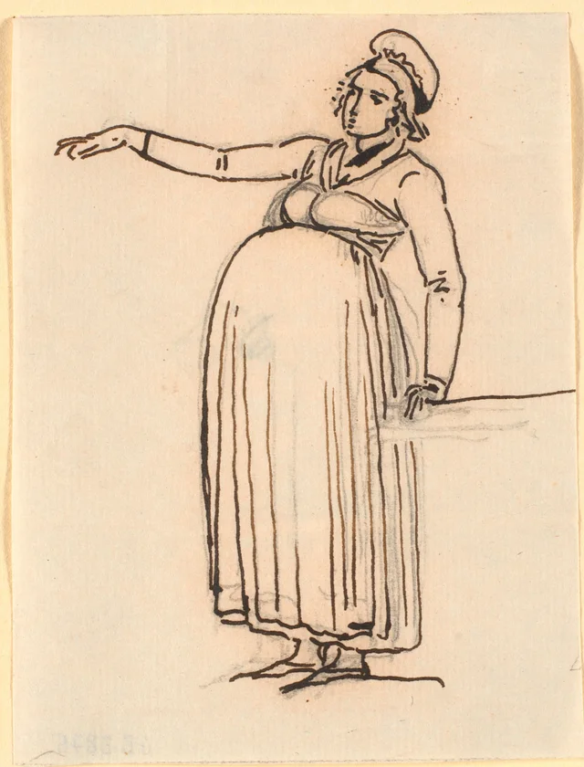 右腕を伸ばした身重の女の戯画