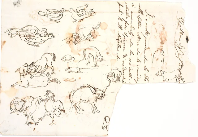 動物の素描とイタリア語の手紙の断片