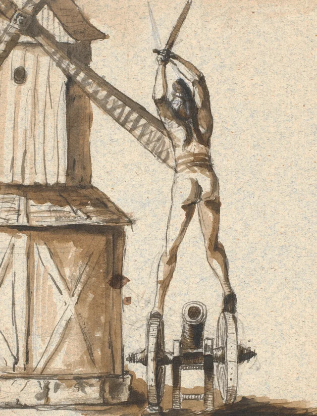 Don Quijote, de pie sobre un cañón, con la espada alzada contra el aspa de un molino