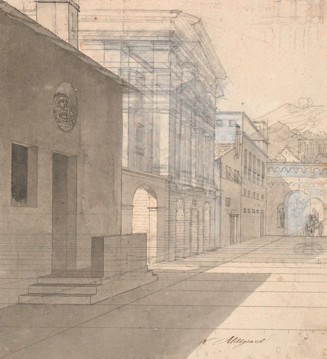 Étude de perspective pour l'architecture du tableau de la sage-femme quittant la maison de la fille d'Andros