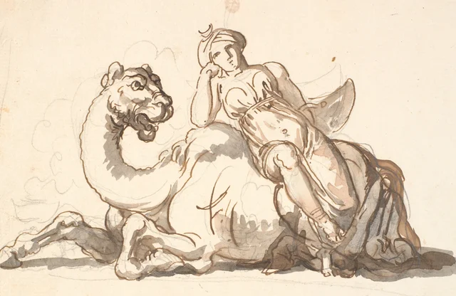 Female figure with a turban and a crescent moon, seated leaning against a fantastic camel. Allegory of Asia