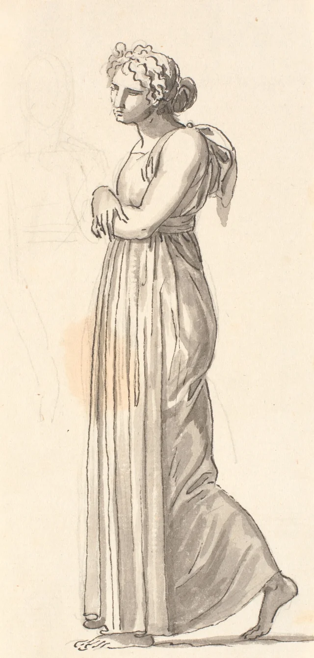 Figura de mujer caminando con atuendo antiguo, de perfil hacia la izquierda