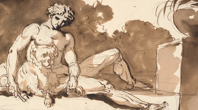 Seated nude man with a key in his hand, a poodle and, on the right, an agave