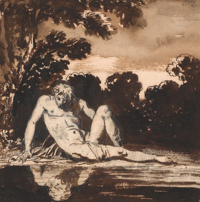 Jacinto, el joven de Apolo, Narciso, descansando junto al arroyo