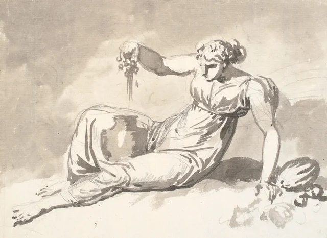 L'automne, une femme assise pressant des raisins