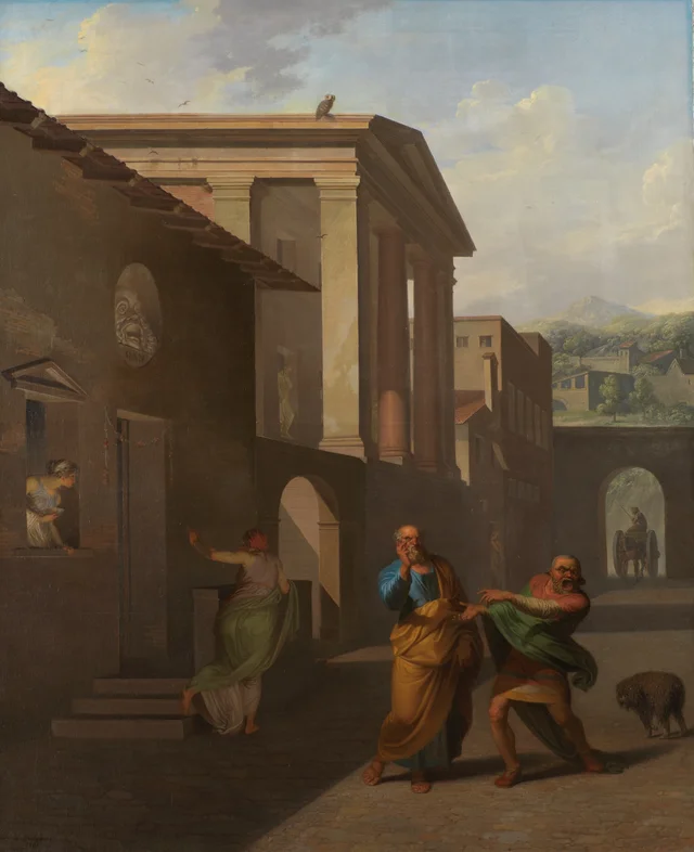 アンドロス島の女の家を去る産婆、シモは出産はまったくの偽りだとダウスに言う（テレンティウス『アンドロス島の女』より）