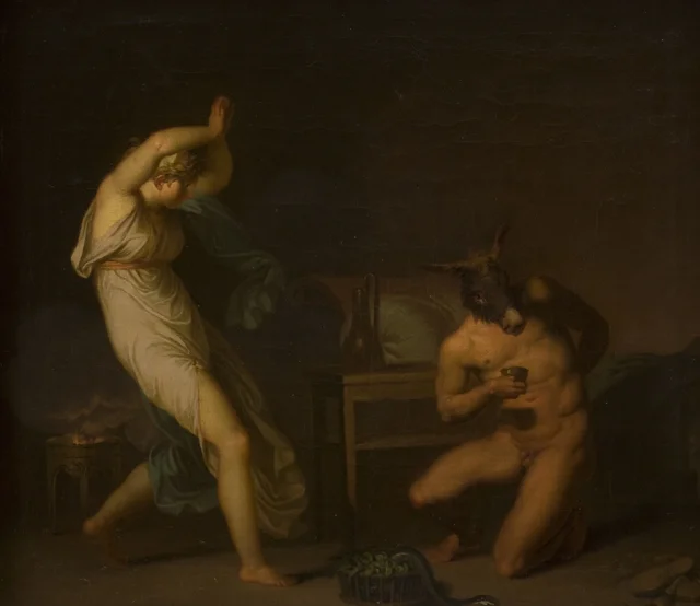 La criada Fotis queda horrorizada al ver que el ungüento de bruja transforma a su amante Lucio en asno y no en pájaro. Motivo tomado de Apuleyo, El asno de oro
