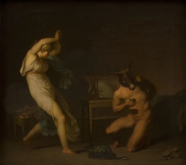 魔女の軟膏が恋人ルキウスを鳥ではなくロバに変えたのを見て恐れる女中フォティス（アプレイウス『黄金のロバ』より）