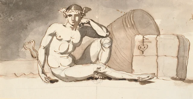 Mercury seated by bales of goods. Allegory of commerce