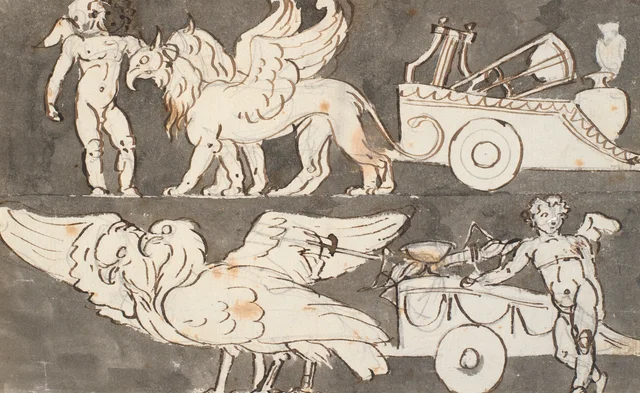 Petits garçons ailés près des chars d'Apollon et de Jupiter, tirés par des griffons et des aigles, Nicolai Abildgaard