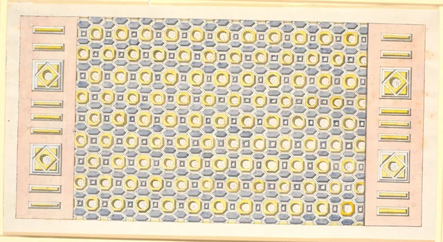 黄色と薄紫の八角形、六角形と正方形の格間のある天井の案