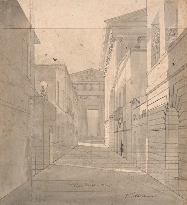 Calle de una ciudad antigua. Estudio de perspectiva para el cuadro «Simón se confía a Sosia»