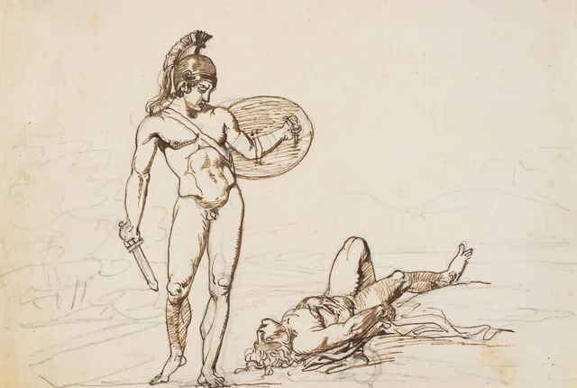 Escena de combate griega, un héroe desnudo contempla a su adversario caído