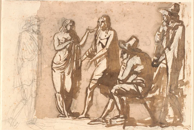 Tres señores con trajes del siglo XVII observan a una joven pareja clásica, Nicolai Abildgaard