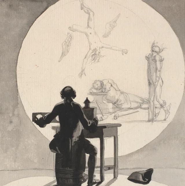 Un hombre con una linterna mágica muestra una imagen de la decadencia del comercio y de la artesanía: Mercurio cojo, Vulcano dormido, etc., Nicolai Abildgaard