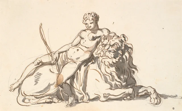 A Black African Woman Resting on a Lion. Allegory of Africa