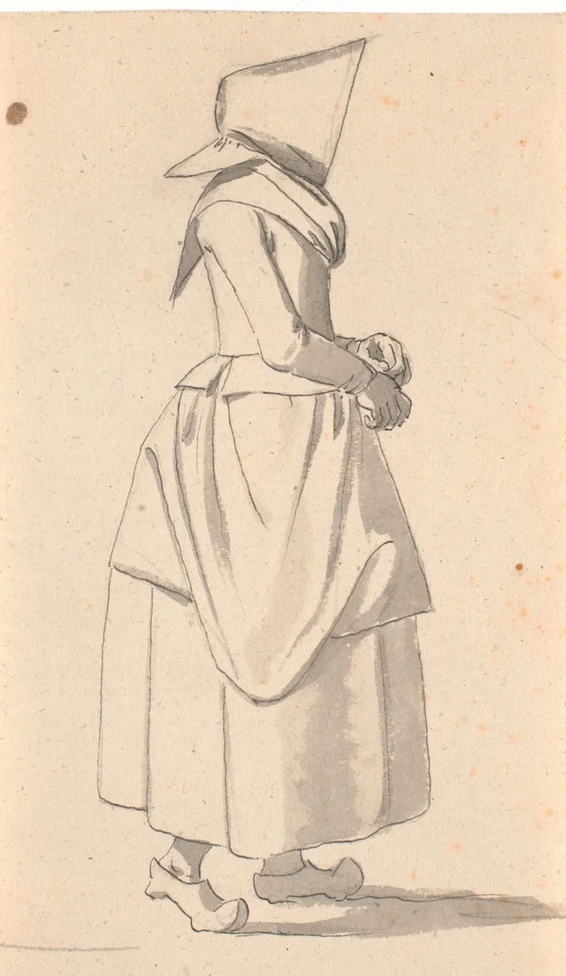 A peasant woman walking in profile to the right, with a large headdress on her head