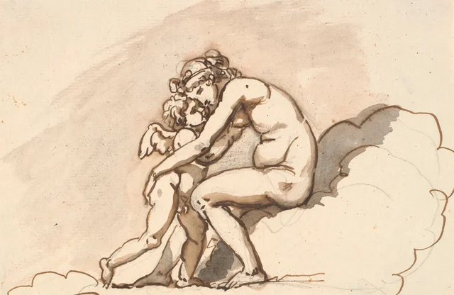 Venus, sentada en las nubes, abraza a Amor, Nicolai Abildgaard