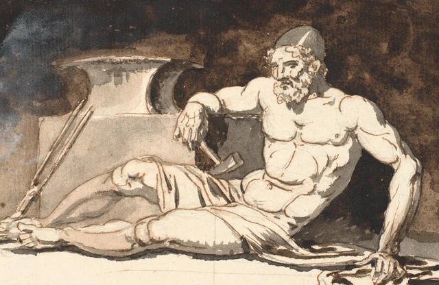 A reclining Vulcan, by the anvil. Allegory of the artists