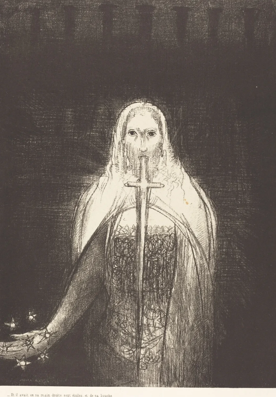 And he had in his right hand seven stars; and out of his mouth went a sharp two-edged sword, Odilon Redon