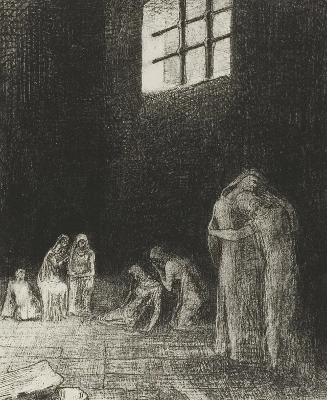 En la sombra, unas personas lloran y rezan, rodeadas de otras que las exhortan, lámina 6 de 24, Odilon Redon