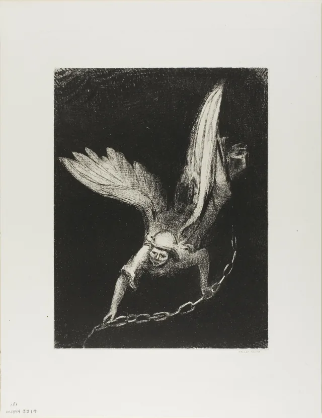 Et je vis descendre du ciel un ange qui avait la clef de l'abîme et une grande chaîne dans sa main, planche 8 de 12