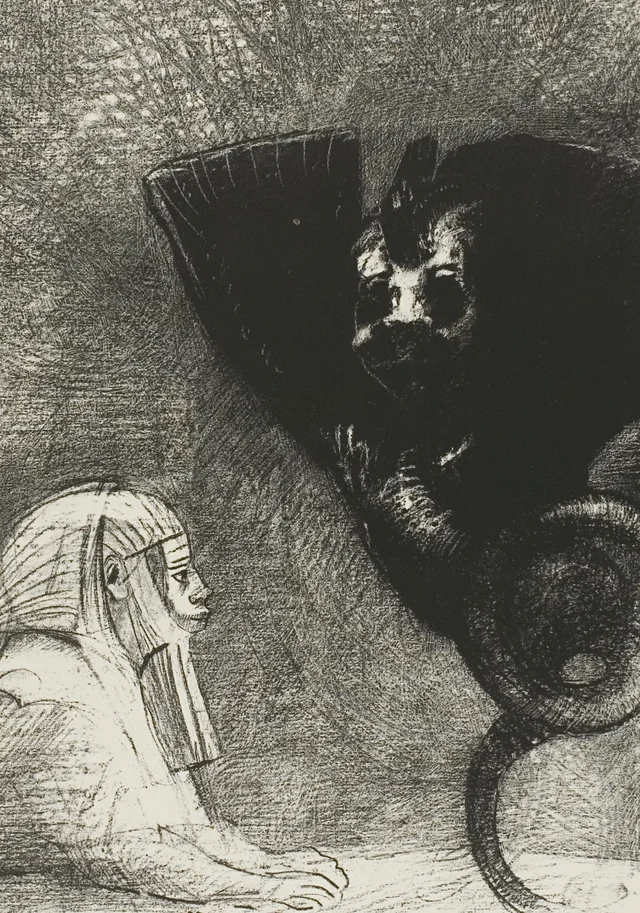 La Esfinge: «… mi mirada, que nada puede desviar, permanece tendida a través de las cosas hacia un horizonte inaccesible». La Quimera: «Yo soy ligera y alegre», lámina 5 de A Gustave Flaubert