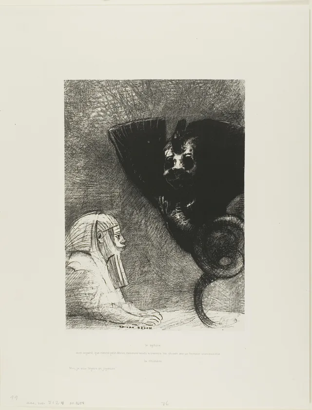 Le Sphinx : « … mon regard que rien ne peut dévier, demeure tendu à travers les choses sur un horizon inaccessible. » La Chimère : « Moi, je suis légère et joyeuse », planche 5 d'À Gustave Flaubert
