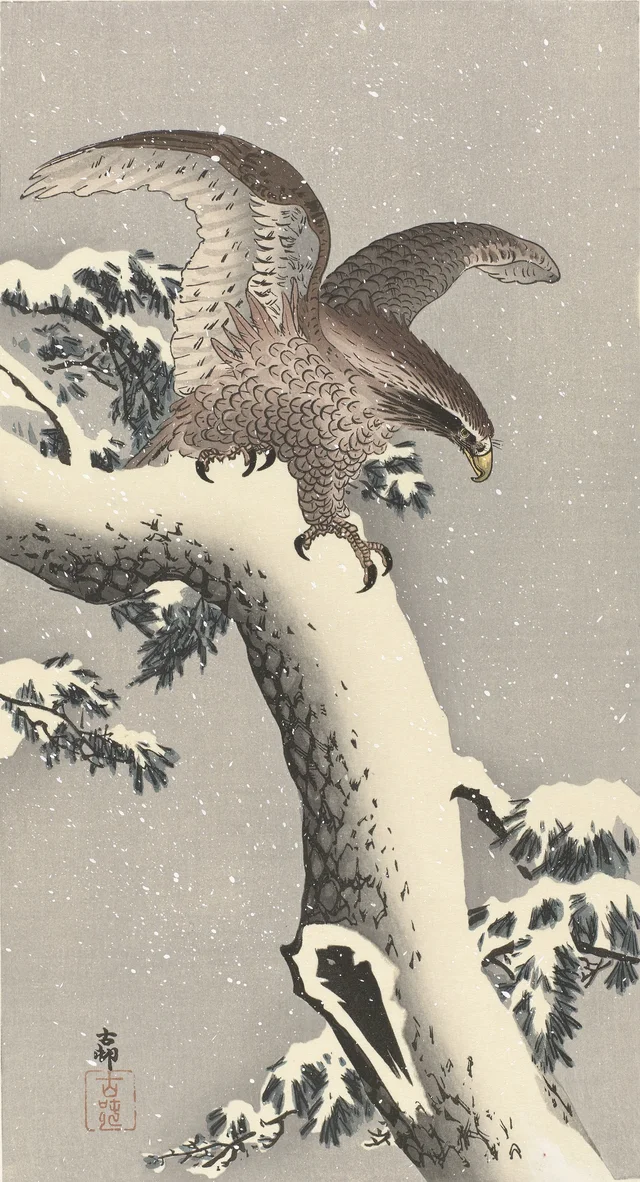 Águila sobre un pino nevado, Ohara Koson