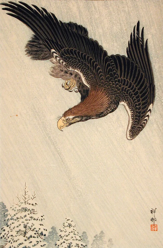 Aigle volant dans la neige, Ohara Koson