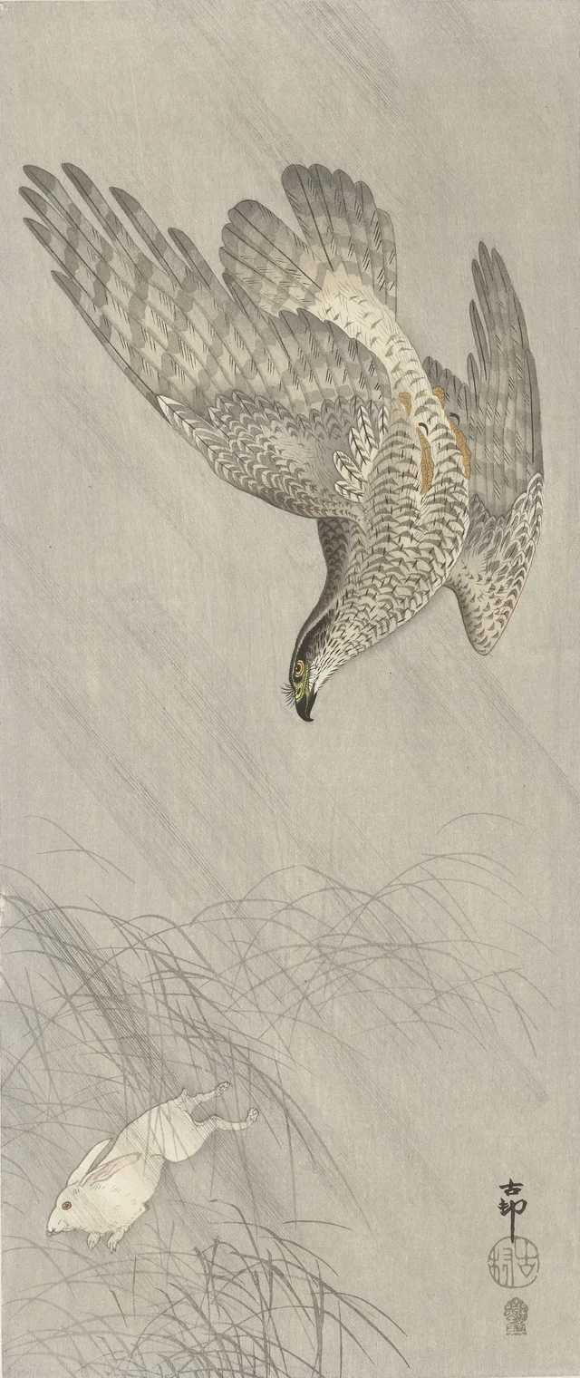 Azor cazando una liebre, Ohara Koson