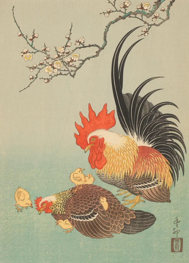 Coq avec une poule et cinq poussins