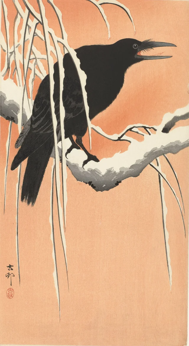 Cuervo sobre una rama nevada, Ohara Koson