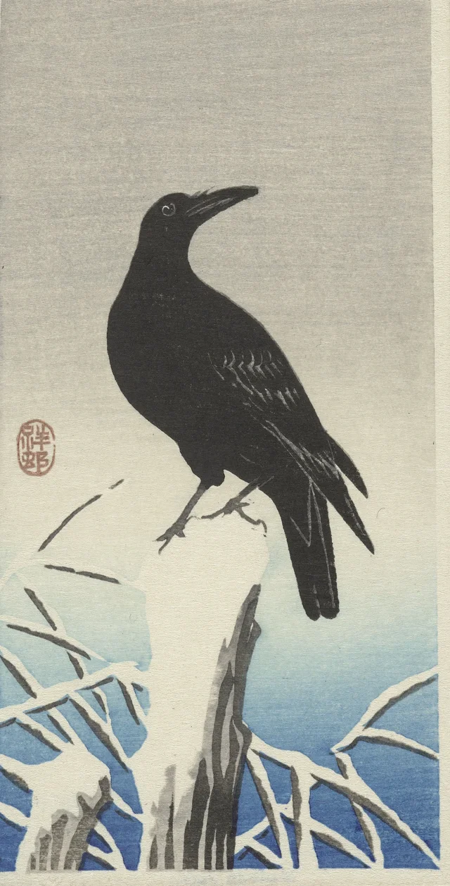 Cuervo sobre un tocón nevado, Ohara Koson