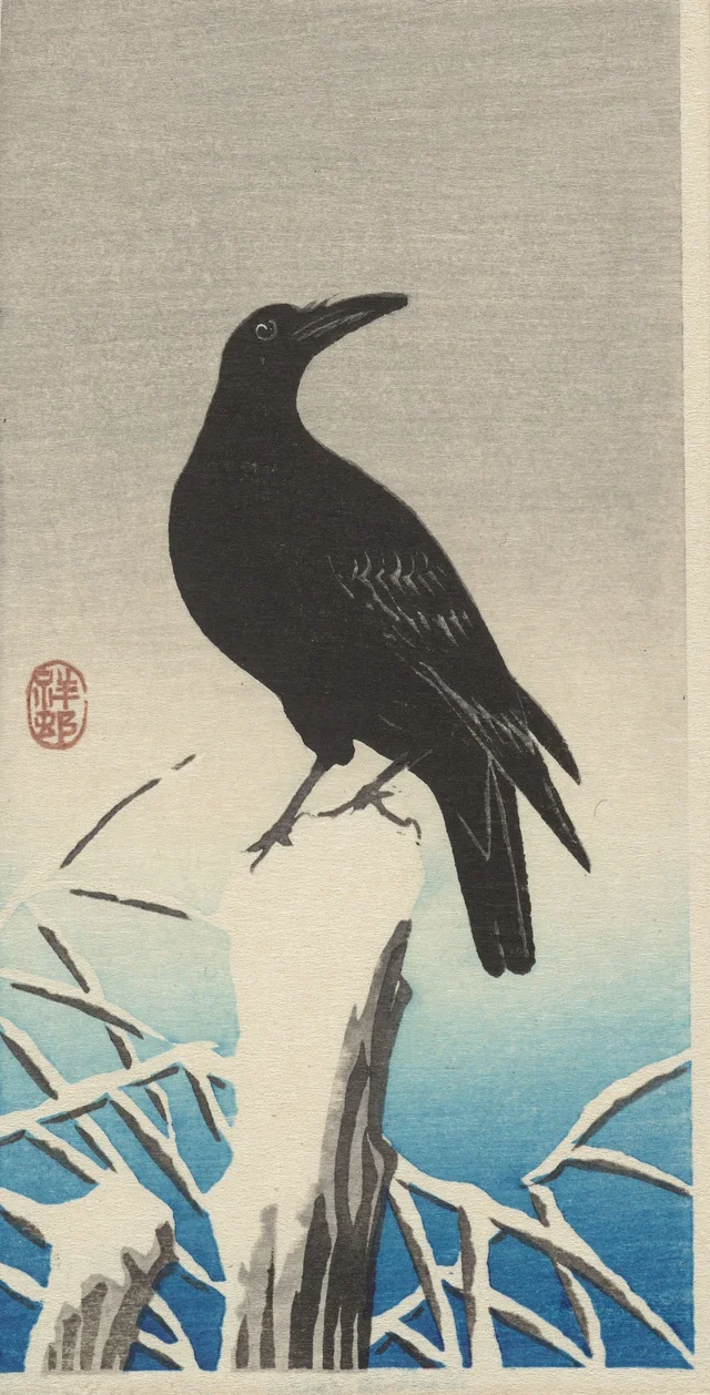 Crow on snow-covered tree stump, Ohara Koson