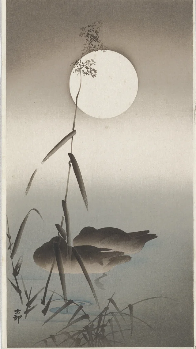 Two Mallards in Water Between Reeds and a Full Moon, Ohara Koson