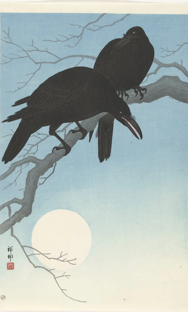 Two crows on a branch, Ohara Koson
