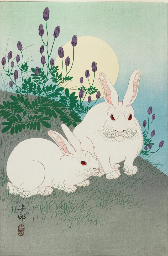 Two White Rabbits Under a Full Moon, Ohara Koson