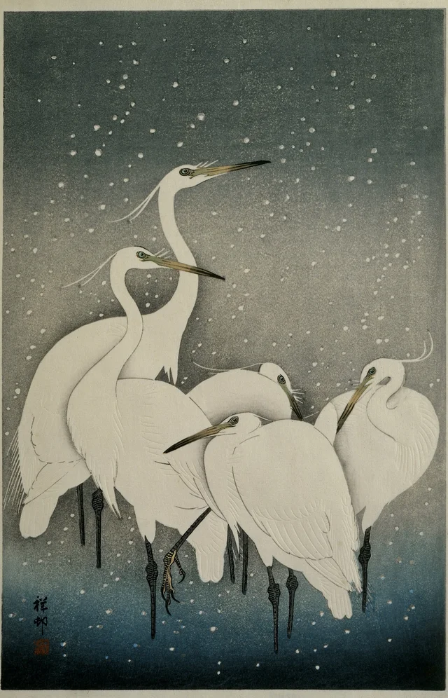 Grupo de garcetas en la nieve, Ohara Koson