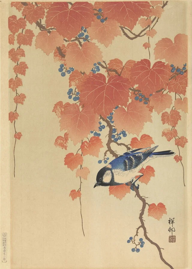 Great tit on a paulownia branch, Ohara Koson