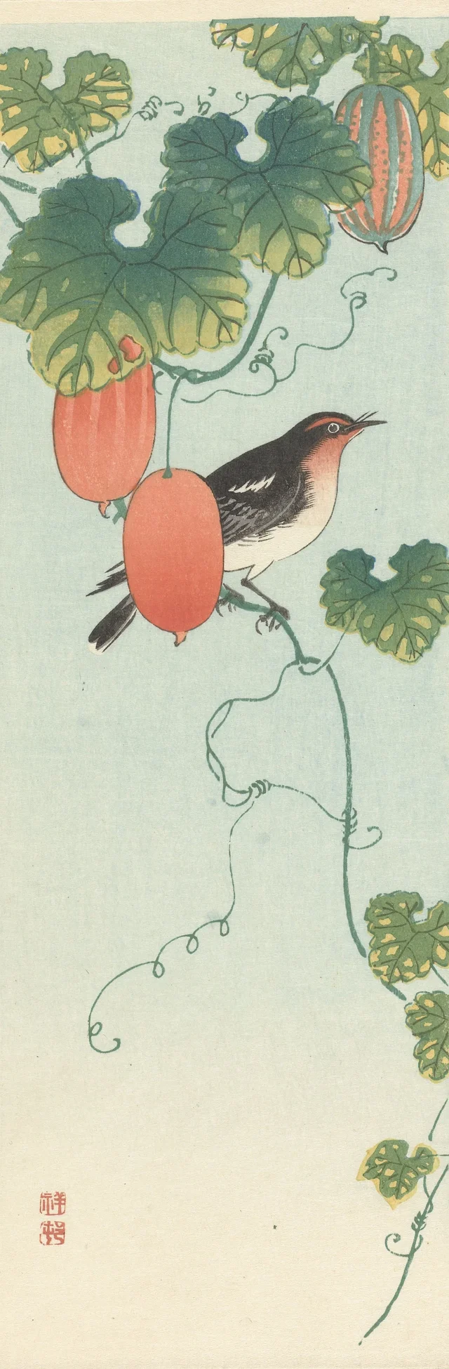 Pájaro cantor en una planta de pepino, Ohara Koson