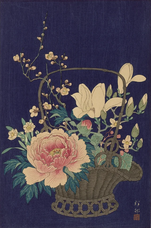 Cesta de flores de bambú, Ohara Koson