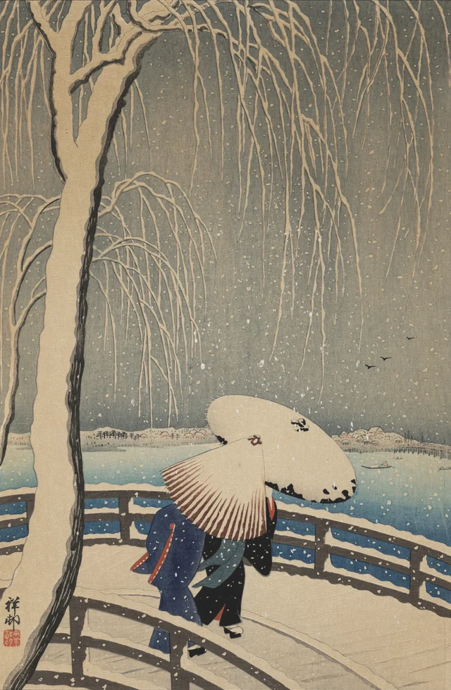 Guarda-chuvas sob a neve, Ohara Koson