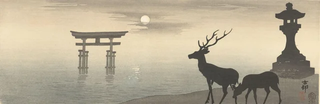 Paysage avec torii et cerfs