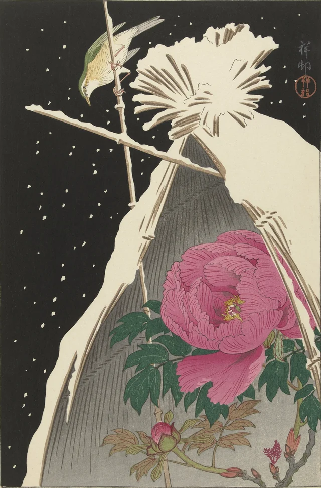 Siberian Bluechat next to a Peony sheltered by a Snowcovered Hay Sheaf, Ohara Koson