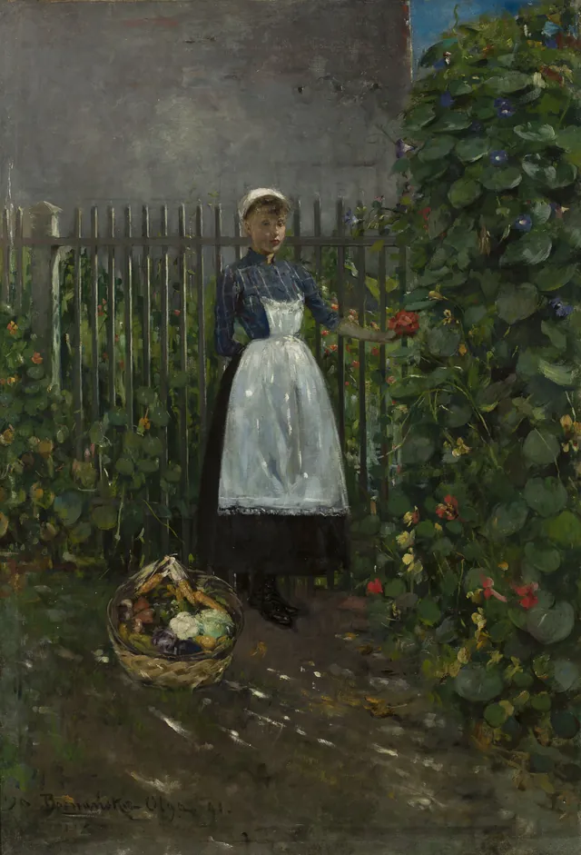 Girl with a Basket of Vegetables in a Garden