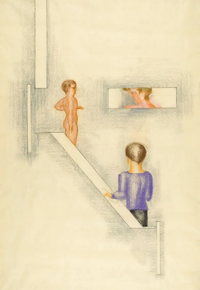 Cycle Folkwang : groupe de trois avec une tête dans une ouverture de fenêtre, Oskar Schlemmer