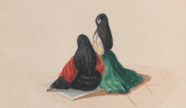 Dos mujeres con saya asistiendo a misa, Pancho Fierro