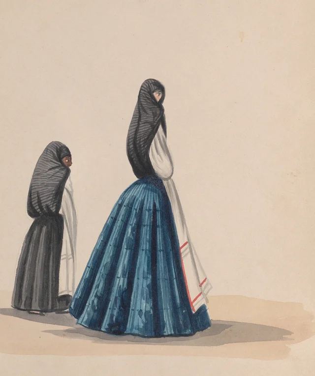 Dos mujeres con saya, vistas de perfil